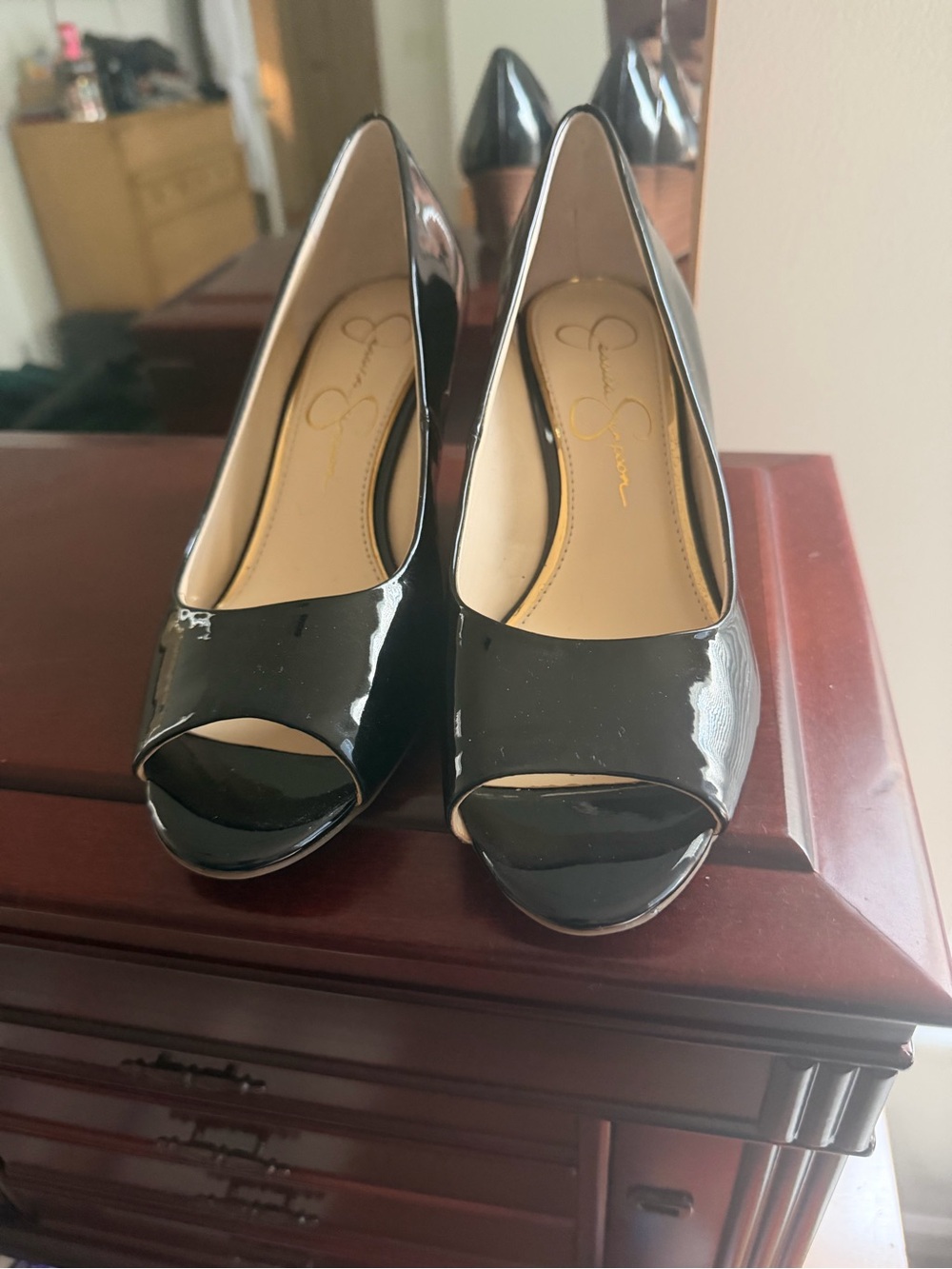 Jessica Simpson Siennly Black Patent Peep-Toe Wedges Women’s Size 6.5/37 NWT